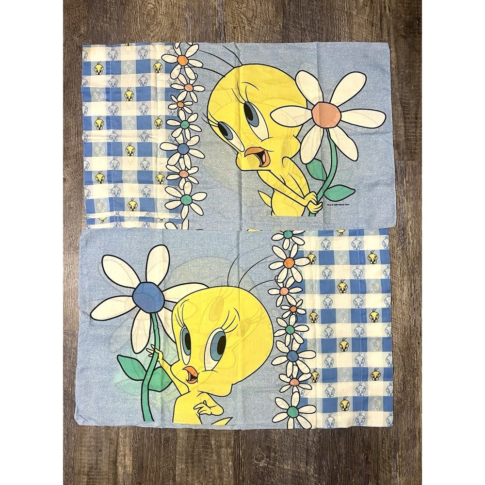Vintage 1999 Tweety Bird Pillowcase Set Looney Tunes Warner Bros Floral Blue